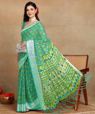 block print georgette saree with unstitched blouse piece (green) 3