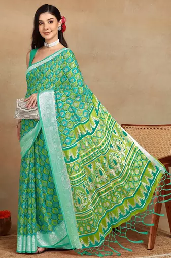 block print georgette saree with unstitched blouse piece (green)