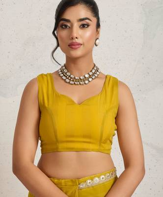 Yellow solid colour cotton silk ethnic causal wear saree with blouse 5