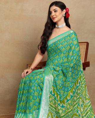 block print georgette saree with unstitched blouse piece (green) 5