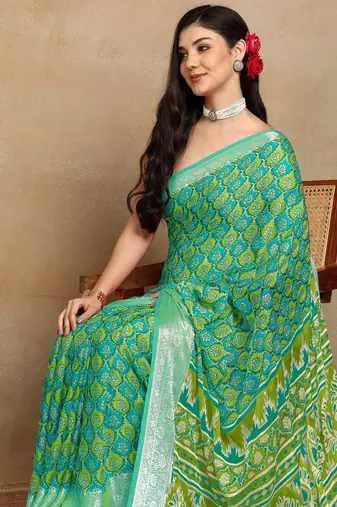 block print georgette saree with unstitched blouse piece (green)