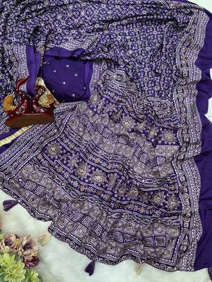 Purple Color Ajarakh print Zari and Real mirror work Saree Crepe Silk Saree 1