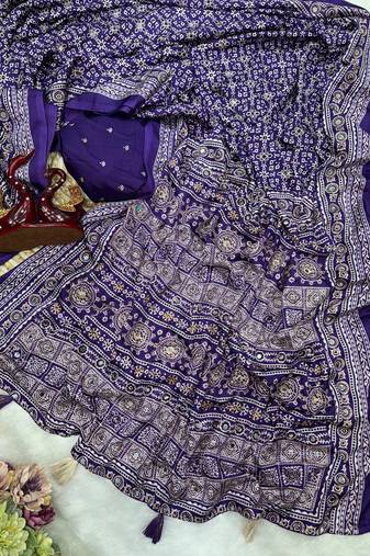 Purple Color Ajarakh print Zari and Real mirror work Saree Crepe Silk Saree