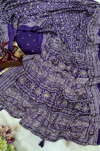 Purple Color Ajarakh print Zari and Real mirror work Saree Crepe Silk Saree