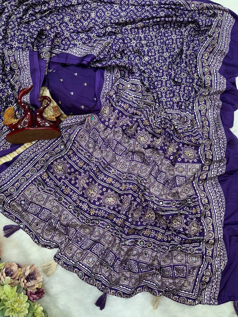 Purple Color Ajarakh print Zari and Real mirror work Saree Crepe Silk Saree