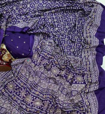 Purple Color Ajarakh print Zari and Real mirror work Saree Crepe Silk Saree 2