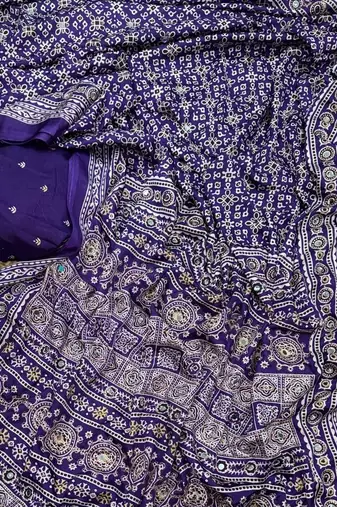 Purple Color Ajarakh print Zari and Real mirror work Saree Crepe Silk Saree