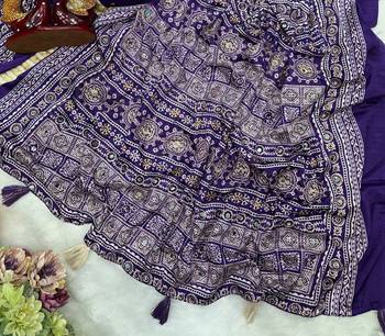 Purple Color Ajarakh print Zari and Real mirror work Saree Crepe Silk Saree 3