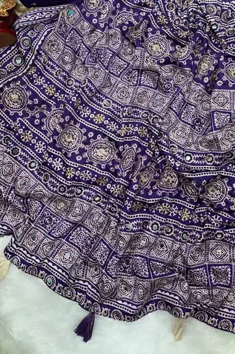 Purple Color Ajarakh print Zari and Real mirror work Saree Crepe Silk Saree