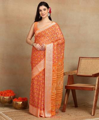 block print georgette saree with unstitched blouse piece (orange) 1