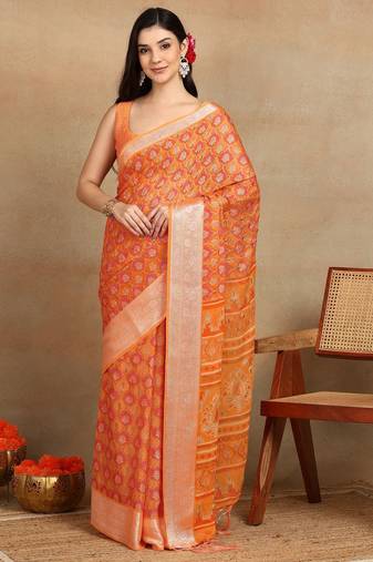 Mirchi fashion block print georgette saree with unstitched blouse piece (orange)