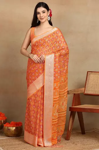 Mirchi fashion block print georgette saree with unstitched blouse piece (orange)