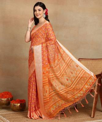 block print georgette saree with unstitched blouse piece (orange) 2