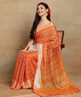 block print georgette saree with unstitched blouse piece (orange) 3