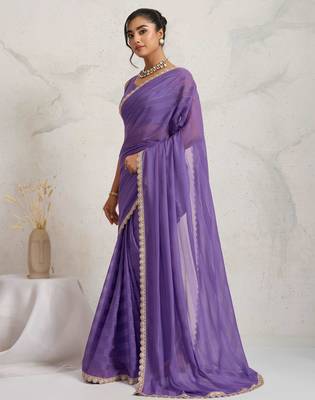 Purple solid colour cotton silk ethnic causal wear saree with blouse 3