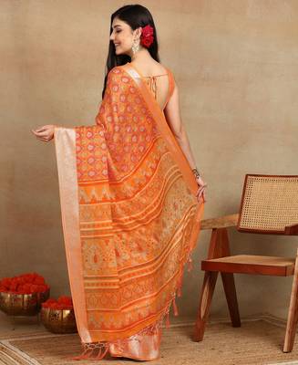 block print georgette saree with unstitched blouse piece (orange) 4