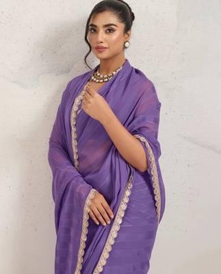 Purple solid colour cotton silk ethnic causal wear saree with blouse 4