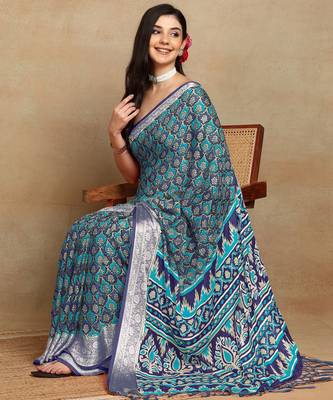 block print georgette saree with unstitched blouse piece (blue) 2