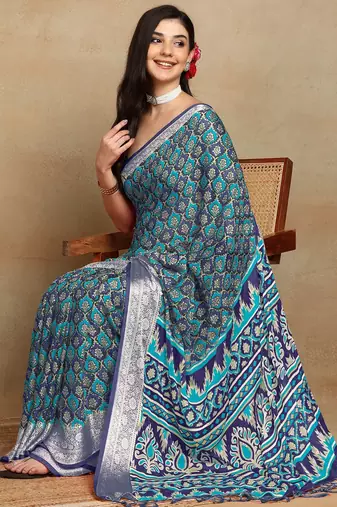 block print georgette saree with unstitched blouse piece (blue)