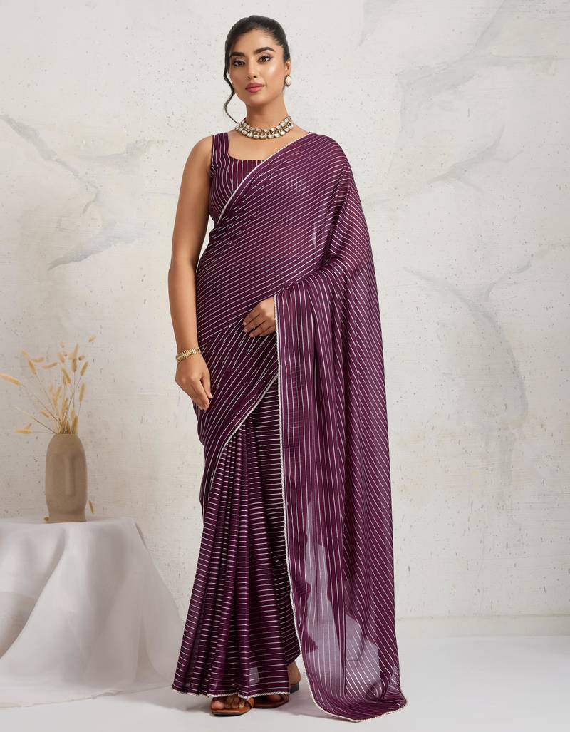 Purple ikat chiffon ethnic causal wear saree with blouse