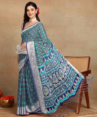 block print georgette saree with unstitched blouse piece (blue) 3
