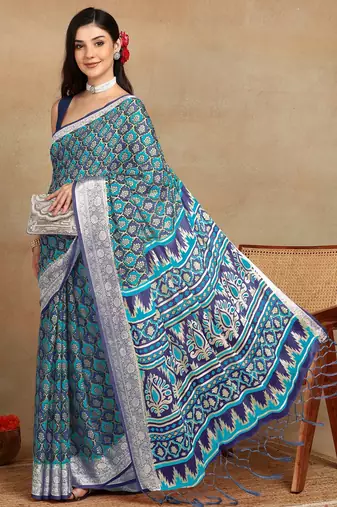 block print georgette saree with unstitched blouse piece (blue)