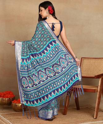 block print georgette saree with unstitched blouse piece (blue) 4
