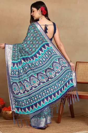 block print georgette saree with unstitched blouse piece (blue)