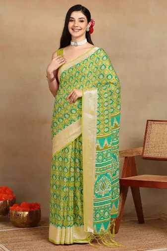 Mirchi fashion block print georgette saree with unstitched blouse piece (green)