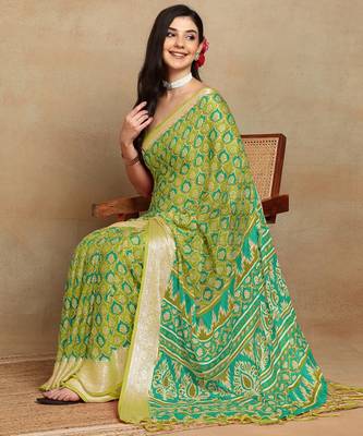 block print georgette saree with unstitched blouse piece (green) 2