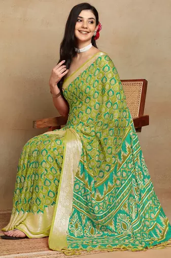 block print georgette saree with unstitched blouse piece (green)