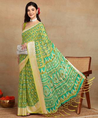 block print georgette saree with unstitched blouse piece (green) 3