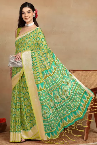 block print georgette saree with unstitched blouse piece (green)