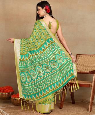 block print georgette saree with unstitched blouse piece (green) 4