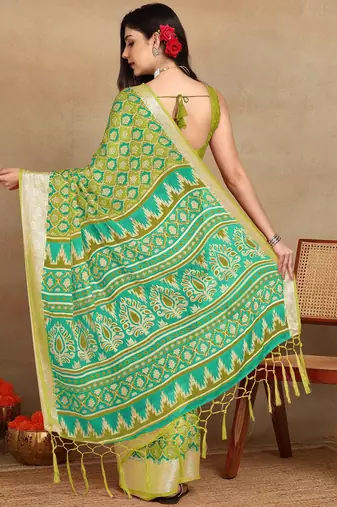 block print georgette saree with unstitched blouse piece (green)