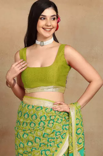 block print georgette saree with unstitched blouse piece (green)