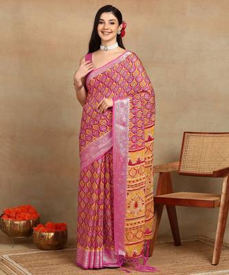 block print georgette saree with unstitched blouse piece (pink) 1