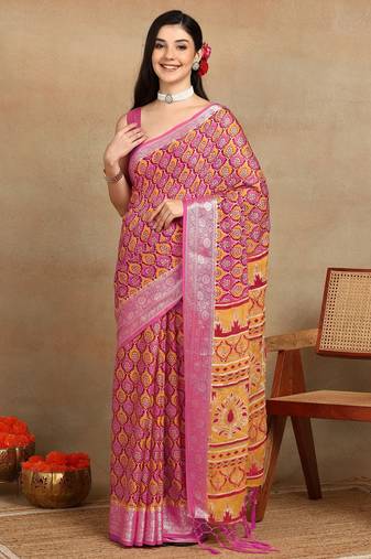 Mirchi fashion block print georgette saree with unstitched blouse piece (pink)