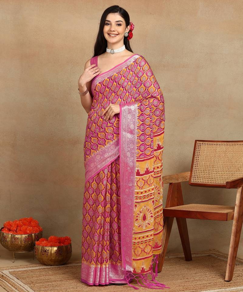 Mirchi fashion block print georgette saree with unstitched blouse piece (pink)