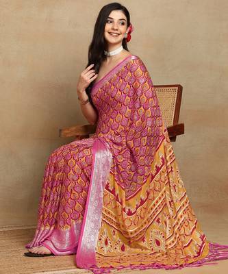 block print georgette saree with unstitched blouse piece (pink) 2