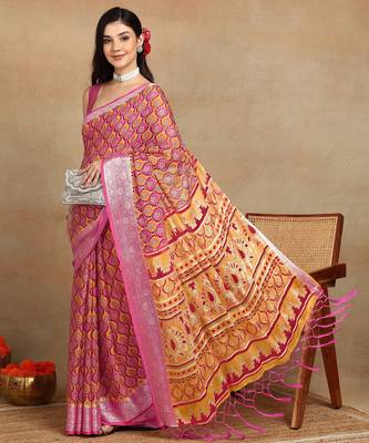 block print georgette saree with unstitched blouse piece (pink) 3