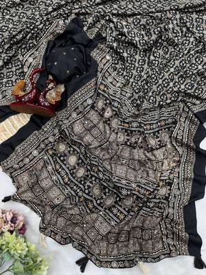 Black Color Ajarakh print Zari and Real mirror work Saree Crepe Silk Saree 1
