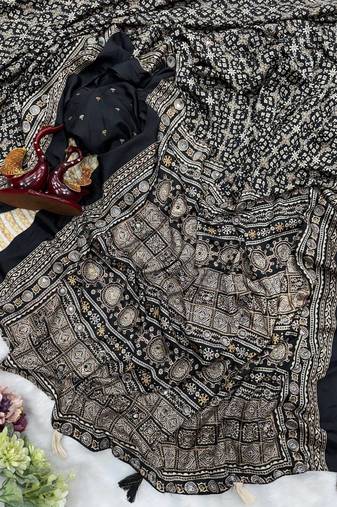 Black Color Ajarakh print Zari and Real mirror work Saree Crepe Silk Saree