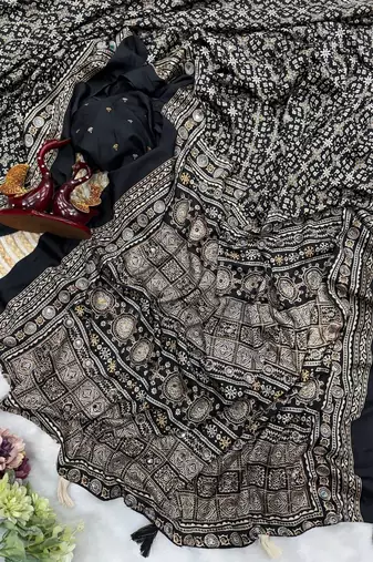 Black Color Ajarakh print Zari and Real mirror work Saree Crepe Silk Saree