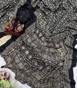 Black Color Ajarakh print Zari and Real mirror work Saree Crepe Silk Saree