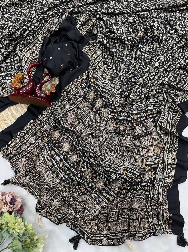 Black Color Ajarakh print Zari and Real mirror work Saree Crepe Silk Saree