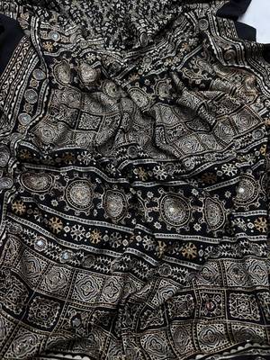 Black Color Ajarakh print Zari and Real mirror work Saree Crepe Silk Saree 2