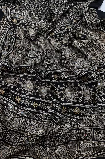 Black Color Ajarakh print Zari and Real mirror work Saree Crepe Silk Saree