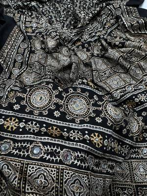 Black Color Ajarakh print Zari and Real mirror work Saree Crepe Silk Saree 3