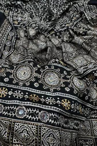 Black Color Ajarakh print Zari and Real mirror work Saree Crepe Silk Saree